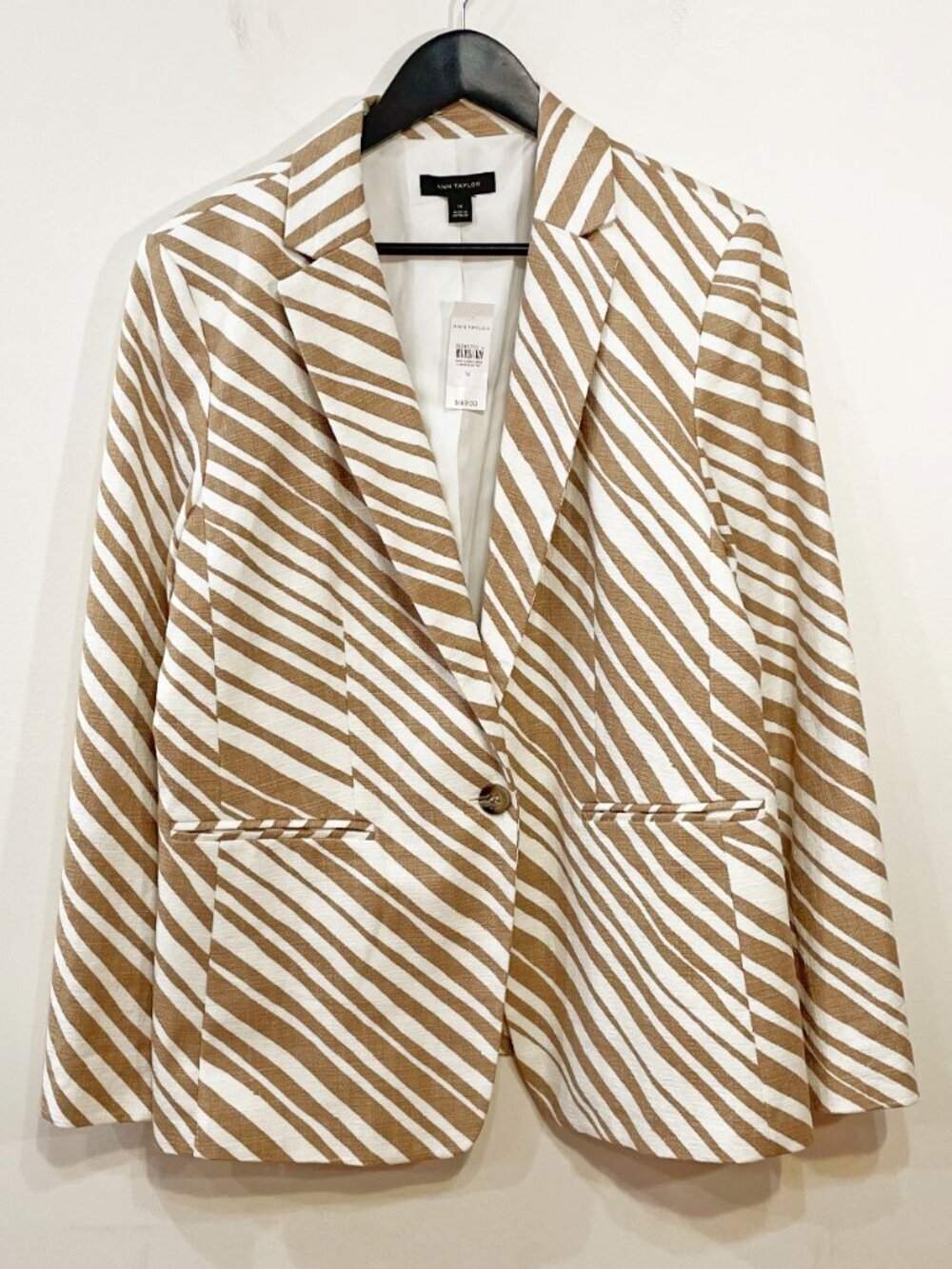 New Ann Taylor Stretch Cotton Animal Print Blazer White Tan 14, L $169 - Picture 2 of 7